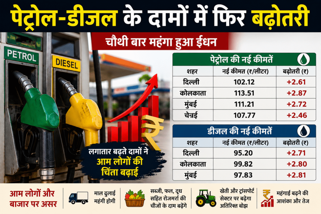 देशभर में आज चौथी बार बढ़ी पेट्रोल-डीजल की कीमतें